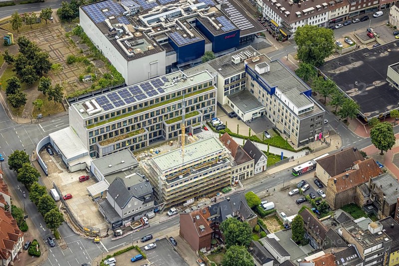 Aerial photo, Widumstraße construction site for new WA office building, Westfälischer Anzeiger, centre, Hamm, Ruhr area, North Rhine-Westphalia, Germany, construction work, construction, construction area, construction site, building plots, construction project, construction site, DE, Europe, commercial enterprises, commercial area, commercial area, commercial site, commercial use, aerial view, aerial photography, aerial photography, new building, photovoltaic, photovoltaic plant, solar, solar plant, solar energy, solar energy, Stadtanzeiger Hamm, overview, bird's-eye view, newspaper publisher, birds-eyes view, overview