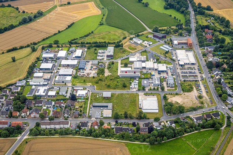 Aerial view, commercial quarter Hohefeld, Herbert-Rust-Weg, Uentrop, Hamm, Ruhr area, North Rhine-Westphalia, Germany, construction area, building site, building plots, building site, construction site, Brillux building, DE, Europe, commercial enterprises, commercial area, commercial park, commercial location, commercial use, Hohefeldweg, industrial area, industrial building, industrial location, aerial photograph, aerial photography, aerial photography, Soester Straße, overview, bird's eye view, birds-eyes view, overview