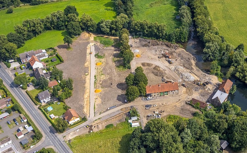 Aerial view, construction site and renovation of the Schlossmühle am Mühlengraben am Mühlenteich in the district of Heessen, Hamm, Ruhr area, North Rhine-Westphalia, Germany