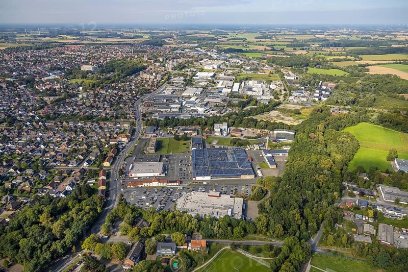 Aerial view, Römerstraße industrial estate with Hövel industrial estate in the Bockum-Hövel district of Hamm, Ruhr area, North Rhine-Westphalia, Germany