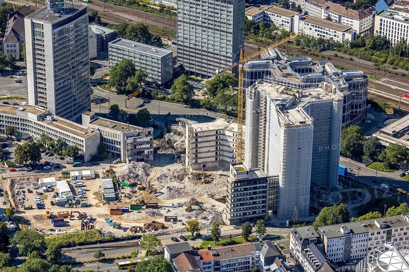 Aerial view, demolition Ypsilon-Haus of RWE headquarters Essen in the Huyssenallee, planned new building for office campus in the southern district in Essen, Ruhr area, North Rhine-Westphalia, Germany, demolition work, construction work, construction area, construction site, building plots, construction project, construction site, office complex, DE, energy company, Essen, Europe, aerial view, aerial photography, aerial photography, overview, bird's eye view, Ypsilon-Haus, birds-eyes view, overview