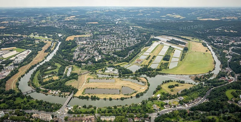 Aerial view, the Ruhr loop near Überruhr, a week ago there was still land under water at this point - the Ruhr was flooding, course of the Ruhr, Essen-Steele, Essen, Ruhr area, North Rhine-Westphalia, Germany, DE, Europe, birds-eyes view, aerial view, aerial photography, aerial photography, overview, bird's eye view