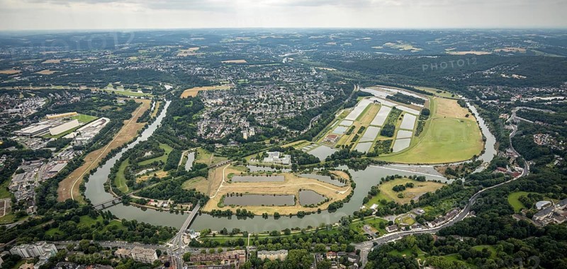 Aerial view, the Ruhr loop near Überruhr, a week ago there was still land under water at this point - the Ruhr was flooding, course of the Ruhr, Essen-Steele, Essen, Ruhr area, North Rhine-Westphalia, Germany, DE, Europe, birds-eyes view, aerial view, aerial photography, aerial photography, overview, bird's eye view