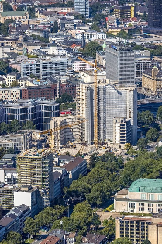 Aerial view, demolition Ypsilon-Haus of RWE headquarters Essen in the Huyssenallee, planned new building for office campus in the southern district in Essen, Ruhr area, North Rhine-Westphalia, Germany, demolition work, construction work, construction area, construction site, building plots, construction project, construction site, office complex, DE, energy company, Essen, Europe, aerial view, aerial photography, aerial photography, overview, bird's eye view, Ypsilon-Haus, birds-eyes view, overview