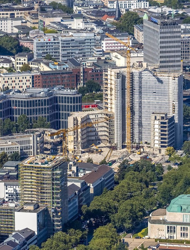 Aerial view, demolition Ypsilon-Haus of RWE headquarters Essen in the Huyssenallee, planned new building for office campus in the southern district in Essen, Ruhr area, North Rhine-Westphalia, Germany, demolition work, construction work, construction area, construction site, building plots, construction project, construction site, office complex, DE, energy company, Essen, Europe, aerial view, aerial photography, aerial photography, overview, bird's eye view, Ypsilon-Haus, birds-eyes view, overview