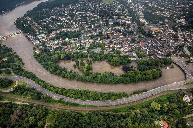 Aerial photograph, Ruhr flood, flooding, flooded Brehminsel Essen-Werden, Essen-Bredeney, Essen, Ruhr area, North Rhine-Westphalia, Germany, DE, Europe, birds-eyes view, aerial photograph, aerial photography, aerial photography, overview, overview, bird's eye view, flood, flood of the century