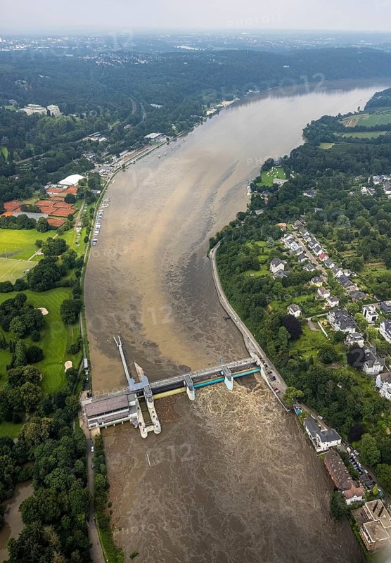 Aerial photo, Ruhr flood, flooding, Lake Baldeney weir Essen-Werden, Essen-Bredeney, Essen, Ruhr area, North Rhine-Westphalia, Germany, DE, Europe, birds-eyes view, aerial photo, aerial photography, aerial photography, overview, overview, bird's eye view, flood, century flood