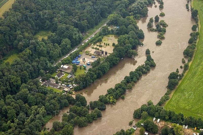 Aerial photo, Ruhr floods, floods at Laupendahler Landstraße in Essen-Werden, Werden, Essen, Ruhr area, North Rhine-Westphalia, Germany, DE, Europe, birds-eyes view, aerial photo, aerial photography, aerial photography, overview, overview, bird's eye view, flood, flood of the century, flooding