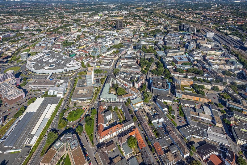 Aerial view, townscape city with Limbecker Platz in the city centre in Essen, Ruhr area, North Rhine-Westphalia, Germany, City, DE, Essen, Europe, city centre, aerial view, aerial photography, aerial photography, townscape, city area, city centre, overview, bird's-eye view, overview