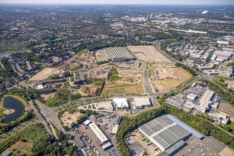 Aerial view, construction site project Essen 51 in the Krupp-Gürtel on the site of the former Vereinigte Helene-Amalie colliery in the Essen-Bochold district, Essen, Ruhr area, North Rhine-Westphalia, Germany, construction work, construction area, construction site, building site, construction project, construction site, DE, Europe, commercial enterprises, commercial area, commercial park, commercial site, commercial use, industrial area, industrial building, industrial site, aerial view, aerial photography, aerial photography, overview, bird's-eye view, overview