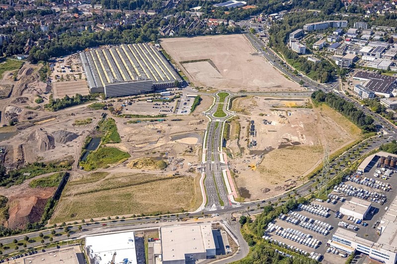 Aerial view, construction site project Essen 51 in the Krupp-Gürtel on the site of the former Vereinigte Helene-Amalie colliery in the Essen-Bochold district, Essen, Ruhr area, North Rhine-Westphalia, Germany, construction work, construction area, construction site, building site, construction project, construction site, DE, Europe, commercial enterprises, commercial area, commercial park, commercial site, commercial use, industrial area, industrial building, industrial site, aerial view, aerial photography, aerial photography, overview, bird's-eye view, overview