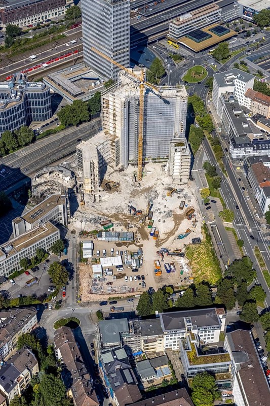 Aerial view, demolition Ypsilon-Haus of RWE headquarters Essen in the Huyssenallee, planned new building for office campus in the southern district in Essen, Ruhr area, North Rhine-Westphalia, Germany, demolition work, construction work, construction area, construction site, building plots, construction project, construction site, office complex, DE, energy company, Essen, Europe, aerial view, aerial photography, aerial photography, overview, bird's eye view, Ypsilon-Haus, birds-eyes view, overview