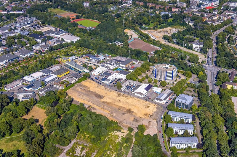 Aerial view, construction site for planned residential development Am Thurmfeld in the district Nordviertel in Essen, Ruhr area, North Rhine-Westphalia, Germany, construction work, construction area, building site, building plots, construction project, construction site, DE, Essen, Europe, aerial view, aerial photography, aerial photography, overview, bird's-eye view, overview