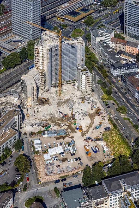 Aerial view, demolition Ypsilon-Haus of RWE headquarters Essen in the Huyssenallee, planned new building for office campus in the southern district in Essen, Ruhr area, North Rhine-Westphalia, Germany, demolition work, construction work, construction area, construction site, building plots, construction project, construction site, office complex, DE, energy company, Essen, Europe, aerial view, aerial photography, aerial photography, overview, bird's eye view, Ypsilon-Haus, birds-eyes view, overview