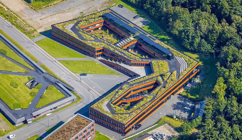 Aerial view, building of the RAG Foundation on the grounds of the Zollverein Coal Mine Industrial Complex in Essen-Stoppenberg, Essen, Ruhr area, North Rhine-Westphalia, Germany, DE, Europe, aerial view, aerial photography, aerial photography, overview, bird's-eye view, overview