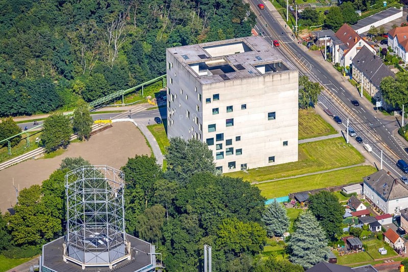 Aerial view, Folkwang University of the Arts - SANAA building on the grounds of the Zeche Zollverein in Essen-Stoppenberg, Essen, Ruhr area, North Rhine-Westphalia, Germany, DE, Europe, aerial view, aerial photography, aerial photography, sight, overview, bird's-eye view, colliery, birds-eyes view, overview
