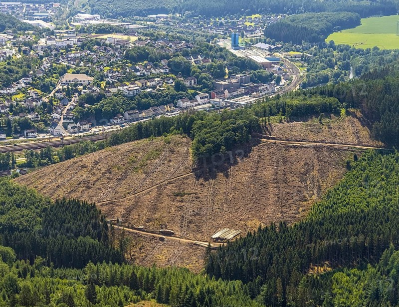 Aerial view, forest area with forest damage at Habbecker Berg, Frielentrop, Finnentrop, Sauerland, North Rhine-Westphalia, Germany, tree dieback, bark beetle damage, bark beetle plague, DE, Europe, clear cutting, aerial view, aerial photography, aerial photography, overview, bird's-eye view, forest, forest area, forest damage, forest dieback, birds-eyes view, overview