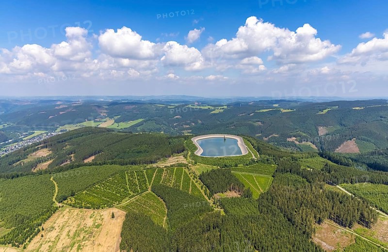 Aerial view, pumped-storage power station upper reservoir, Schönholthausen, Finnentrop, Sauerland, North Rhine-Westphalia, Germany, DE, Europe, aerial view, aerial photography, aerial photography, overview, birds-eyes view, overview, wolle süd süd