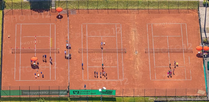 Aerial view, tennis courts with youth training, Rönkhausen, Finnentrop, Sauerland, North Rhine-Westphalia, Germany, DE, Europe, aerial view, aerial photography, aerial photography, sports, tennis, tennis facility, tennis courts, training, overview, bird's-eye view, overview