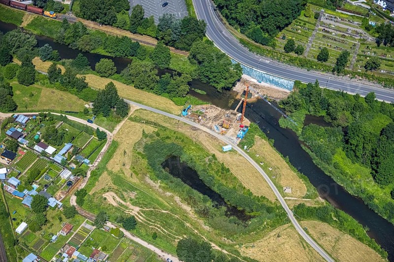Aerial view, Lennewiesen with Bikepark Finnentrop and construction site at the river Lenne, Bamenohl, Finnentrop, Sauerland, North Rhine-Westphalia, Germany, construction work, construction area, building site, building plots, construction project, construction site, DE, Europe, aerial view, aerial photography, aerial photography, overview, bird's-eye view, overview