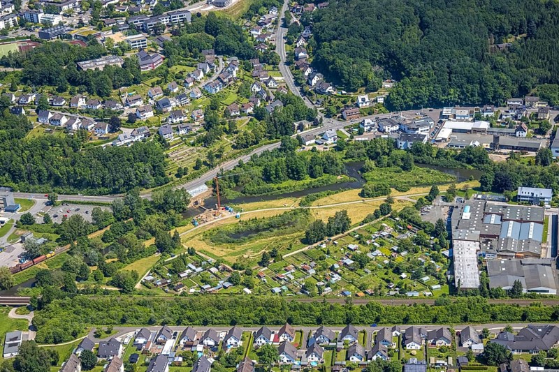 Aerial view, Lennewiesen with Bikepark Finnentrop and construction site at the river Lenne, Bamenohl, Finnentrop, Sauerland, North Rhine-Westphalia, Germany, construction work, construction area, building site, building plots, construction project, construction site, DE, Europe, aerial view, aerial photography, aerial photography, overview, bird's-eye view, overview