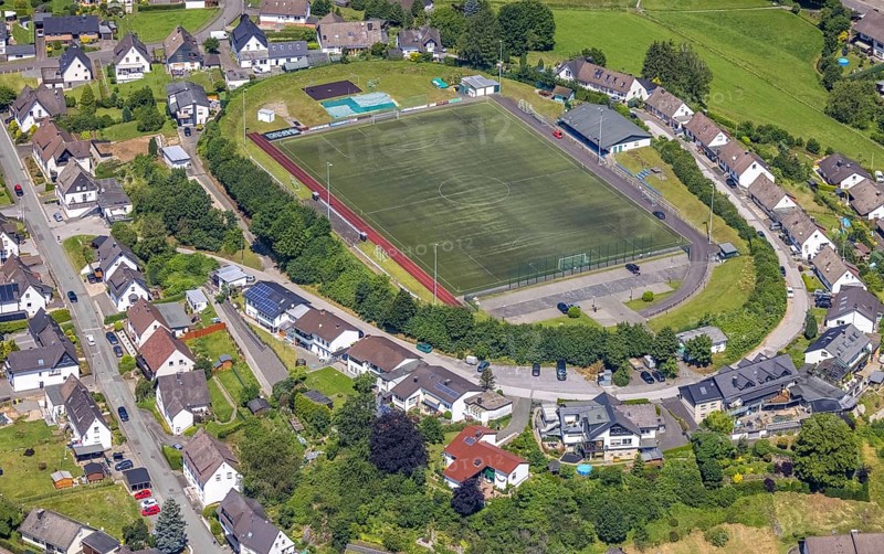 Aerial photo, Heggen sports ground, Finnentrop, Sauerland, North Rhine-Westphalia, Germany, DE, Europe, football pitch, football stadium, aerial photo, aerial photography, aerial photography, sports, sports facilities, sports ground, sports venue, overview, bird's-eye view, overview