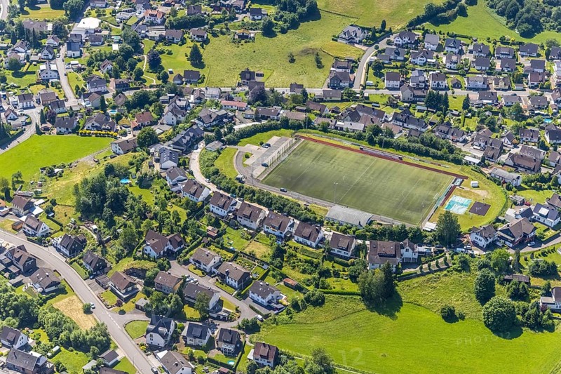 Aerial view, local view and sports field Heggen, Finnentrop, Sauerland, North Rhine-Westphalia, Germany, DE, Europe, football field, football stadium, aerial view, aerial photography, aerial photography, sports, sports facilities, sports field, sports facility, overview, bird's-eye view, overview