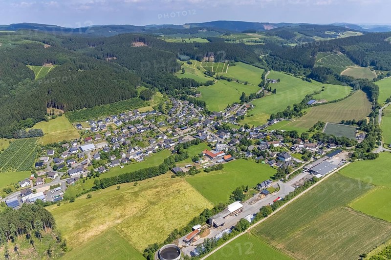 Aerial view, sawmill and village view Serkenrode, Finnentrop, Sauerland, North Rhine-Westphalia, Germany, DE, Europe, aerial view, aerial photography, aerial photography, overview, bird's-eye view, overview