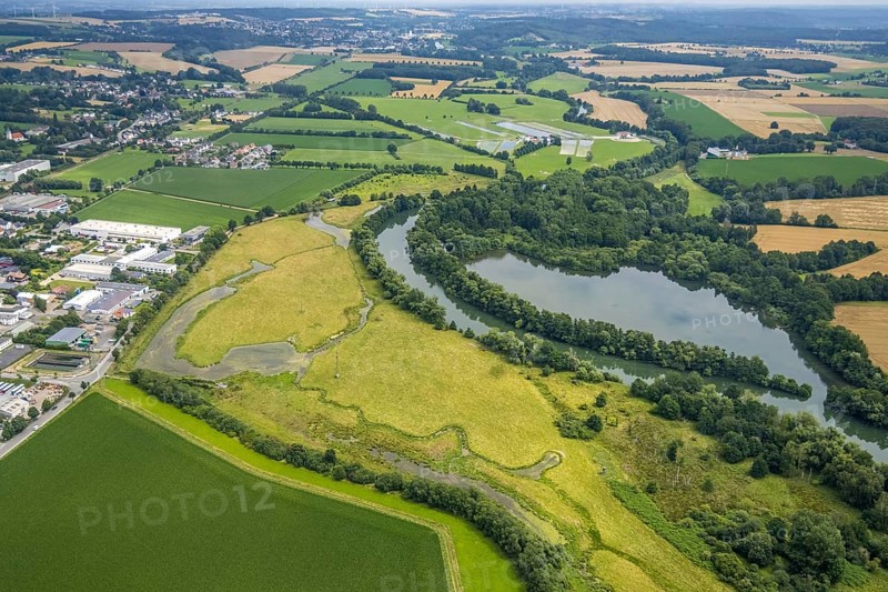 Aerial view, a week ago there was still land under water at this point - the Ruhr was flooding, course of the Ruhr, Fröndenberg, Fröndenberg/Ruhr, Ruhr area, North Rhine-Westphalia, Germany, DE, Europe, birds-eyes view, aerial view, aerial photography, aerial photography, overview, bird's eye view