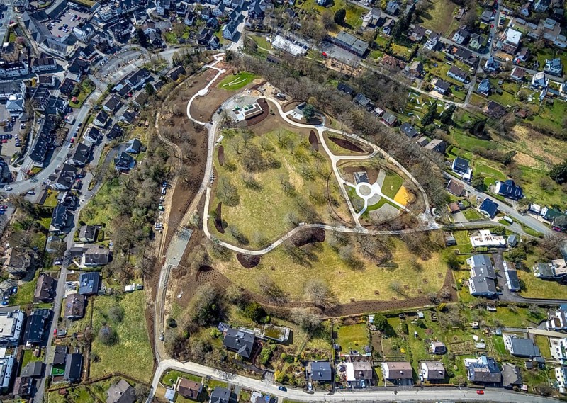 Spa garden with construction site Bürgerpark, Freudenberg, Sauerland, North Rhine-Westphalia, Germany, construction work, construction area, construction site, building plots, construction project, construction site, DE, Europe, aerial view, aerial photograph, aerial photography, aerial photography, park, overview, bird's-eye view, overview