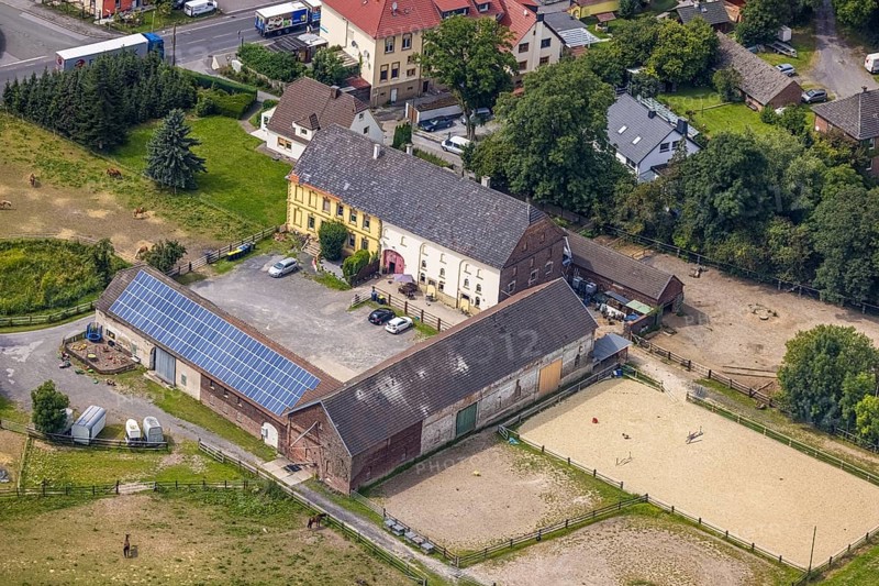 Aerial view, riding centre Christina Plotz in Strickherdicke, Fröndenberg/Ruhr, Ruhr area, North Rhine-Westphalia, Germany, DE, Europe, aerial view, aerial photography, aerial photography, equestrian sport, equestrian centre, equestrian centre, riding stable, overview, bird's-eye view, overview