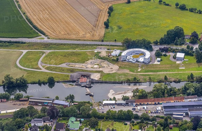 Aerial photograph, Wasserwerke Westfalen GmbH and Langschede run-of-river power station on the Ruhr, Halingen, Menden, Ruhr area, North Rhine-Westphalia, Germany, DE, Europe, aerial photograph, aerial photography, aerial photography, overview, bird's-eye view, hydroelectric power station, birds-eyes view, overview