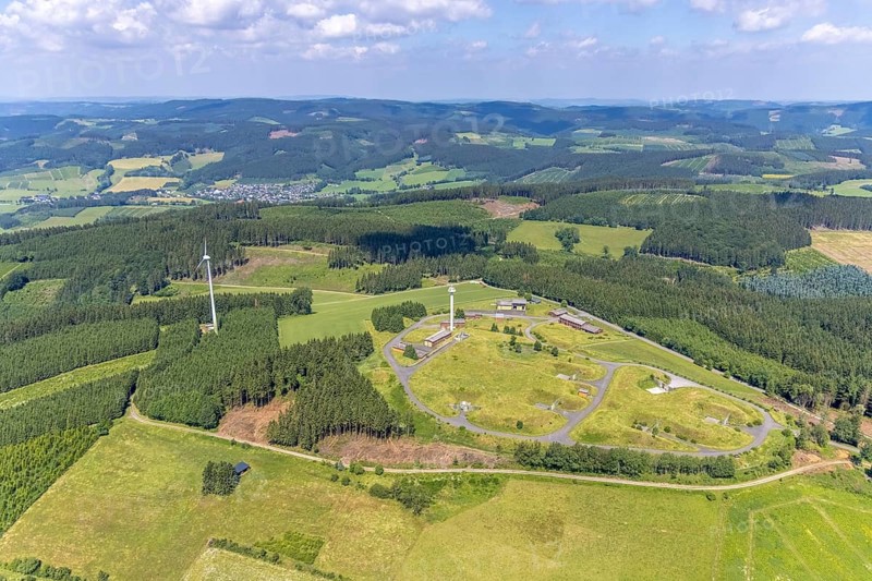 Aerial photo, Buchhagen mountain and wind turbine, former Nike fire control centre, now training area of the Olpe district police authority, Fretter, Finnentrop, Sauerland, North Rhine-Westphalia, Germany, DE, Europe, aerial photo, aerial photography, aerial photography, overview, bird's-eye view, WEA, wind energy, wind turbine, wind power, wind energy plant, wind turbines, birds-eyes view, overview