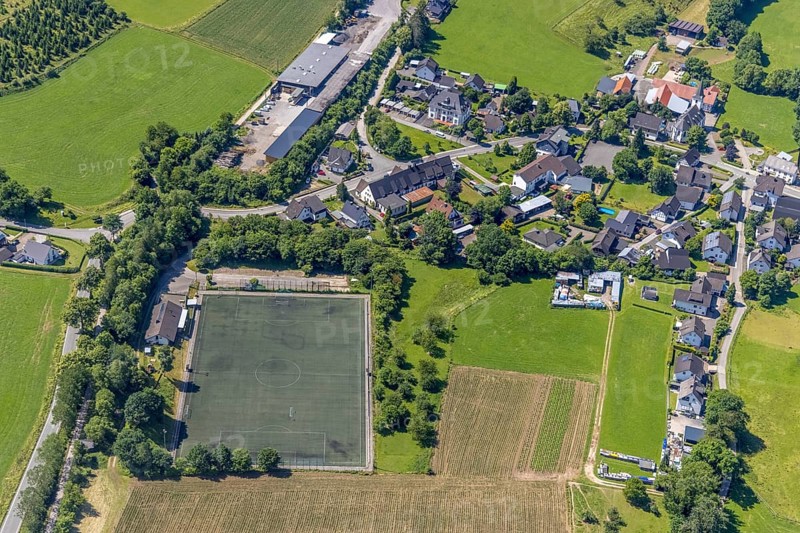 Aerial view, sports field in Serkenrode, Finnentrop, Sauerland, North Rhine-Westphalia, Germany, DE, Europe, football field, aerial view, aerial photography, aerial photography, sports, sports facilities, sports field, sports facility, overview, bird's-eye view, overview