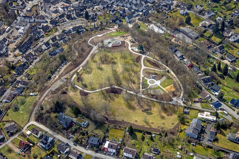 Spa garden with construction site Bürgerpark, Freudenberg, Sauerland, North Rhine-Westphalia, Germany, construction work, construction area, construction site, building plots, construction project, construction site, DE, Europe, aerial view, aerial photograph, aerial photography, aerial photography, park, overview, bird's-eye view, overview