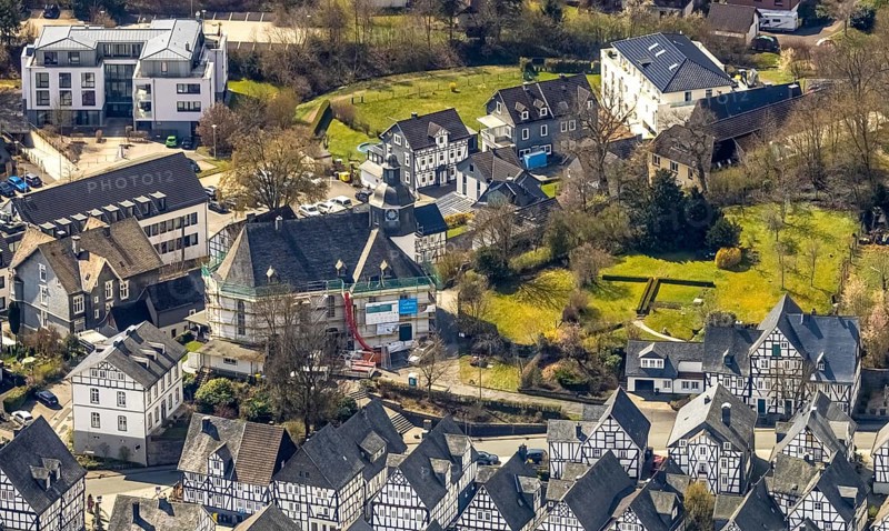Renovation of the Protestant Church Freudenberg, Freudenberg, Sauerland, North Rhine-Westphalia, Germany, place of worship, DE, Europe, religious community, place of worship, holy place, church, parish, denomination, aerial view, aerial photograph, aerial photography, aerial photography, religion, religious site, renovation, refurbishment, overview, bird's-eye view, bird's-eye view, overview