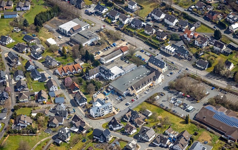 Town view Büschergrund, Freudenberg, Sauerland, North Rhine-Westphalia, Germany, DE, Europe, city centre, aerial view, aerial photograph, aerial photography, aerial photography, Olper Straße, town view, townscape, city area, city centre, overview, bird's eye view, birds-eyes view, overview