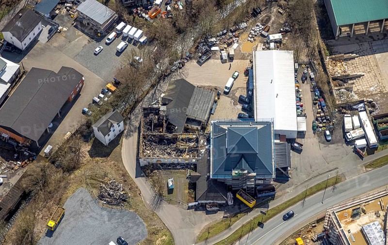Demolition after fire and new construction music factory, WSK Käckermann and Roth Getränke, Freudenberg, Sauerland, North Rhine-Westphalia, Germany, demolition, construction work, construction area, building site, building plots, construction project, construction site, DE, Europe, aerial view, aerial photograph, aerial photography, aerial photography, overview, bird's-eye view, overview, destroyed building