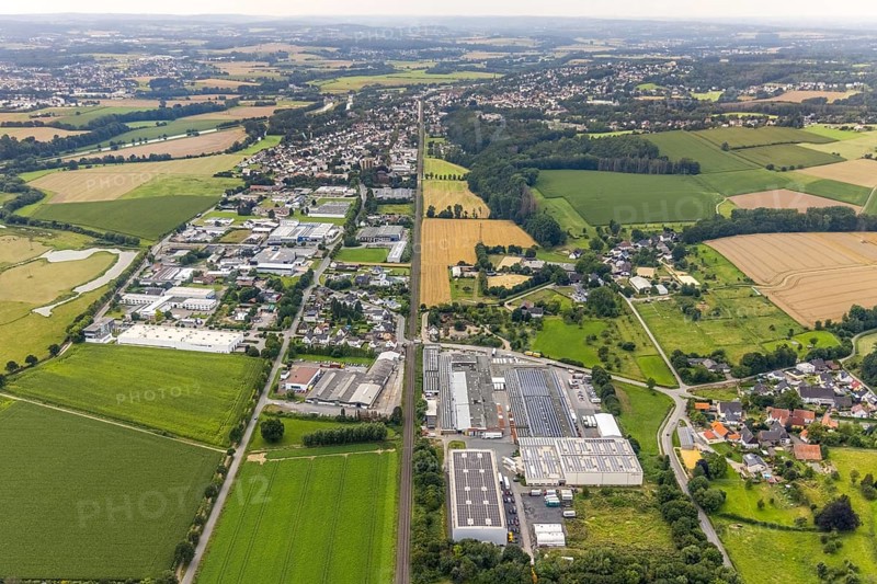 Aerial view, industrial area Neimen and Frohnhausen, Fröndenberg/Ruhr, Ruhr area, North Rhine-Westphalia, Germany, DE, Europe, commercial enterprises, commercial area, commercial area, commercial location, commercial use, industrial area, industrial location, aerial view, aerial photography, aerial photography, overview, bird's-eye view, overview