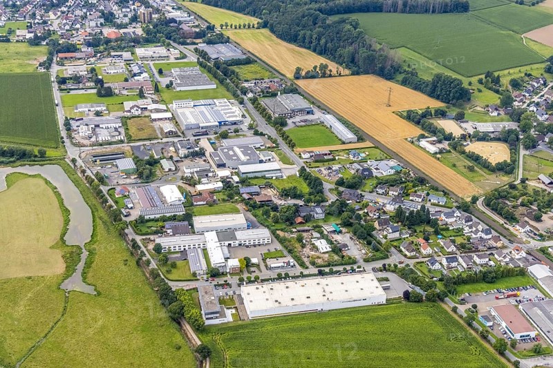 Aerial view, Neimen industrial estate, Fröndenberg/Ruhr, Ruhr area, North Rhine-Westphalia, Germany, DE, Europe, commercial enterprises, commercial area, commercial site, commercial use, industrial area, industrial site, aerial photography, aerial photography, aerial photography, overview, bird's-eye view, bird's-eye view, overview