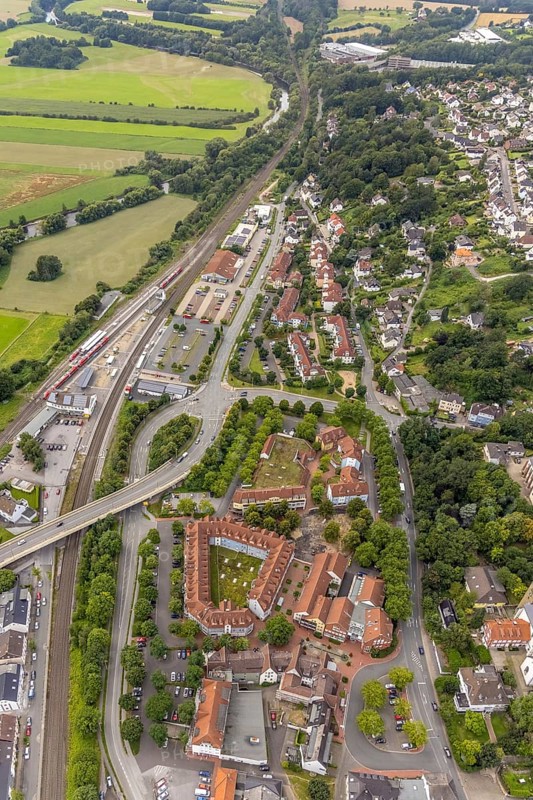 Aerial view, planned reconstruction Harthaer Straße, Wilhelm-Feuerhake-Straße intersection Mendener Straße and Von-Tirpitz-Straße in Fröndenberg, Bruayplatz reconstruction in Fröndenberg, Fröndenberg/Ruhr, Ruhr area, North Rhine-Westphalia, Germany, DE, Europe, aerial view, aerial photography, aerial photography, overview, bird's-eye view, overview