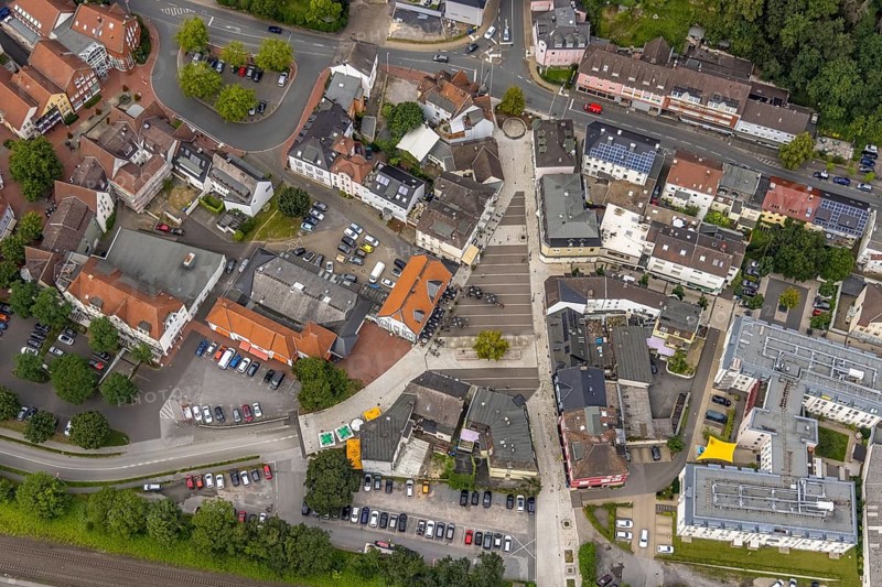 Aerial view, newly designed market place in Fröndenberg, Fröndenberg/Ruhr, Ruhr area, North Rhine-Westphalia, Germany, DE, Europe, aerial view, aerial photography, aerial photography, market, market place, overview, bird's eye view, birds-eyes view, overview