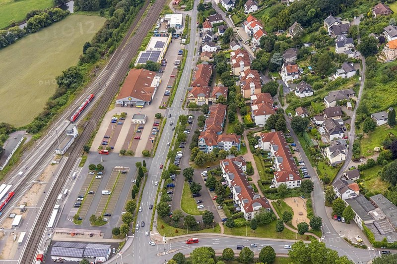 Aerial view, planned reconstruction Harthaer Straße, Wilhelm-Feuerhake-Straße intersection Mendener Straße and Von-Tirpitz-Straße in Fröndenberg, Fröndenberg/Ruhr, Ruhr area, North Rhine-Westphalia, Germany, construction measure, construction project, DE, Europe, property tax, real estate, aerial photograph, aerial photography, aerial photography, overview, bird's-eye view, residential complex, living and living, residential area, residential buildings, residential quality, housing estate, birds-eyes view, overview