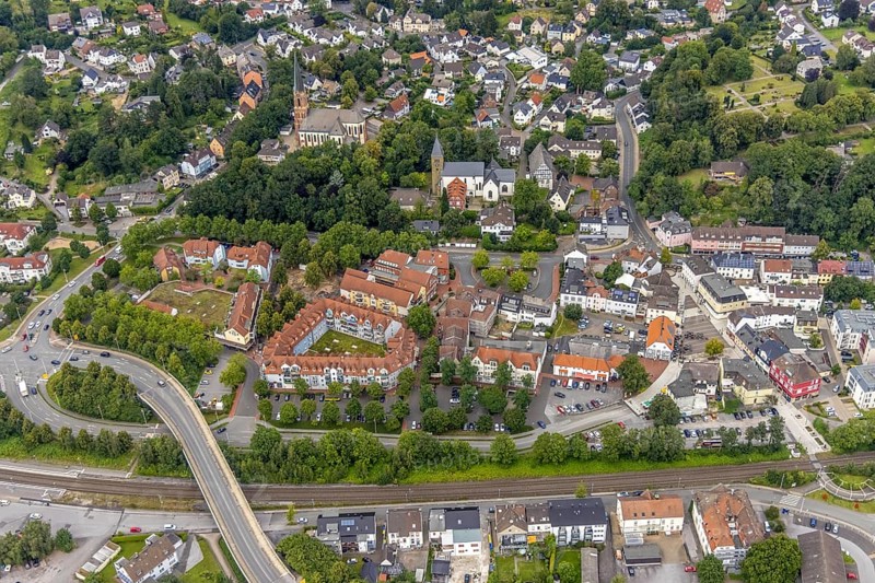 Aerial view, Bruayplatz reconstruction and redesigned market square in Fröndenberg, Fröndenberg/Ruhr, Ruhr area, North Rhine-Westphalia, Germany, DE, Europe, aerial view, aerial photography, aerial photography, market, market square, overview, bird's-eye view, overview