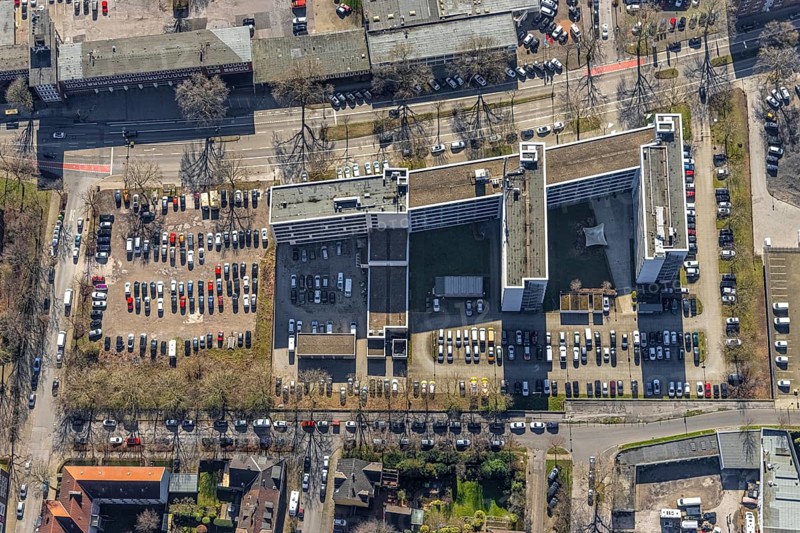 Aerial view, police station south, Gelsenkirchen-Bulmke-Hüllen, Gelsenkirchen, Ruhr area, North Rhine-Westphalia, Germany, eye of the law, authority, DE, Europe, aerial view, aerial photography, aerial photography, law enforcement officer, police, police authority, police station, police station, state authority, state power, overview, bird's eye view, Wildenbruchstraße, birds-eyes view, overview