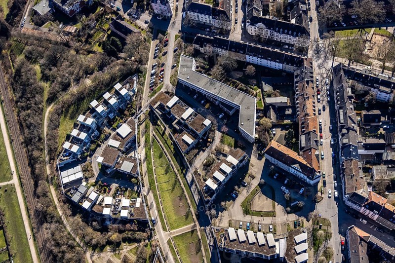 Aerial view, residential buildings Robert-Geritzmann-Höfe, Feldmark, Gelsenkirchen, Ruhr area, North Rhine-Westphalia, Germany, DE, Europe, property tax, real estate, aerial view, aerial photography, aerial photography, overview, bird's-eye view, residential complex, living and living, residential area, residential buildings, quality of living, residential neighbourhood, housing estate, birds-eyes view, overview