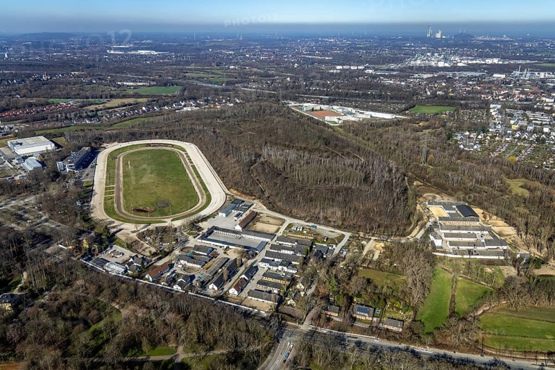 Aerial view, harness racing track, correctional facility, Feldmark, Gelsenkirchen, Ruhr area, North Rhine-Westphalia, Germany, arrest, DE, Europe, imprisonment, custodial sentence, prison, detention centre, prison sentence, JVA, aerial photograph, aerial photography, aerial photography, horse racing track, horse racing, equestrian sport, trotting track, overview, custody, bird's eye view, birds-eyes view, overview