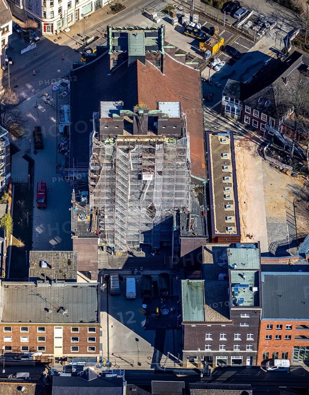 Aerial view, former cath. Heilig-Kreuz-Kirche, construction site and conversion as event location, Ückendorf, Gelsenkirchen, Ruhr area, North Rhine-Westphalia, Germany, place of worship, construction work, construction area, construction measure, construction project, construction site, DE, Europe, religious community, place of worship, holy place, church, parish, denomination, culture, art, aerial view, aerial photography, aerial photography, religion, religious site, overview, events, venue, event location, bird's-eye view, birds-eyes view, cultural use, overview