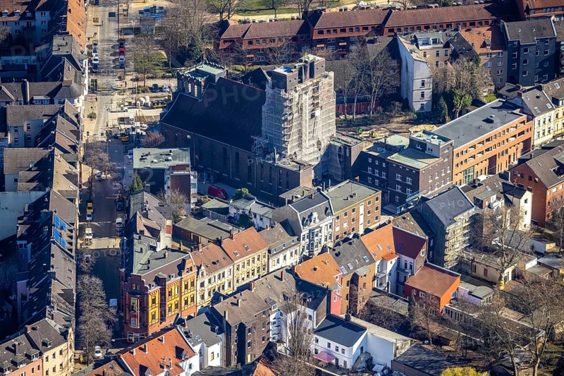 Aerial view, former cath. Heilig-Kreuz-Kirche, construction site and conversion as event location, Ückendorf, Gelsenkirchen, Ruhr area, North Rhine-Westphalia, Germany, place of worship, construction work, construction area, construction measure, construction project, construction site, DE, Europe, religious community, place of worship, holy place, church, parish, denomination, culture, art, aerial view, aerial photography, aerial photography, religion, religious site, overview, events, venue, event location, bird's-eye view, birds-eyes view, cultural use, overview