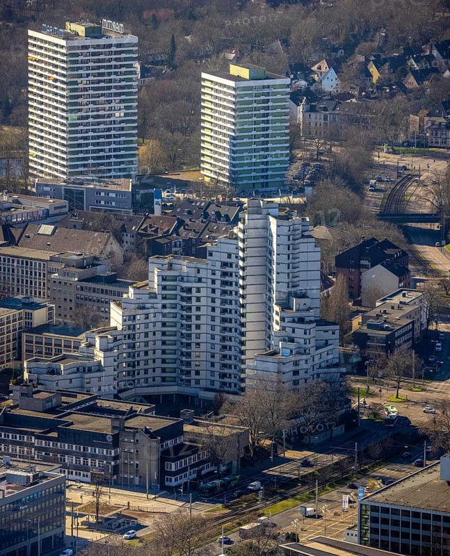 Aerial view, city skyscraper, Maritim Hotel, old town, Gelsenkirchen, Ruhr area, North Rhine-Westphalia, Germany, DE, Europe, gastronomy, skyscraper, hotel, hotel facilities, hotel industry, aerial photography, aerial photography, aerial photography, overview, bird's-eye view, overview